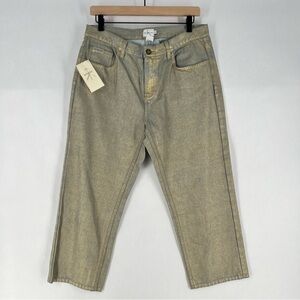Calvin Klein 100% Cotton Gold Metallic‎ Coated Denim Cropped Straight Leg Jean